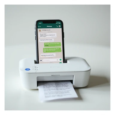 realistic thumbnail image for a WhatsApp print out service, showing a smartphone displaying a WhatsApp chat, with a printer printing out chat messages on paper, on a clean background sticker