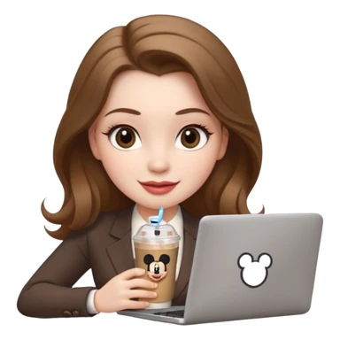 Women in front of laptop that has a Mickey sticker on it, with a happy face, face a little fuller, lips plump, full eyebrows, long light brown hair, light brown big eyes, light pale skin with a iced coffee on the side, business attire sticker