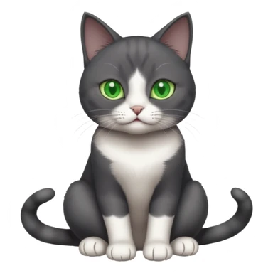 beautiful female solid dark grey cat with green eyes, white toes/paws and white patch on her chest playing sticker