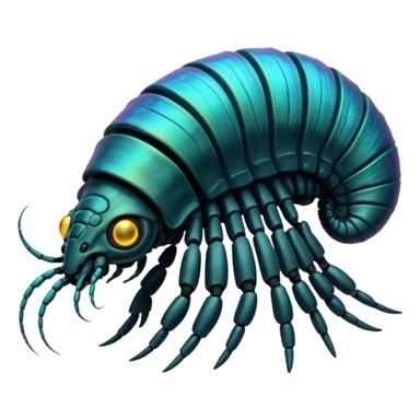 An iridescent, chitinous trilobite with glowing cyan eyes pulses rhythmically as a miniature black hole orbits its brow, distorting space-time. Its fractal-patterned exoskeleton shifts colors unsettlingly, and its mouth opens into a spiraling void that hums with forgotten whispers. sticker