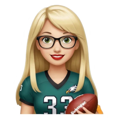 full length women wearing eagles uniform, long blonde hair, bangs, green eyes, black glasses, holding football, number 33, smiling, lipstick sticker