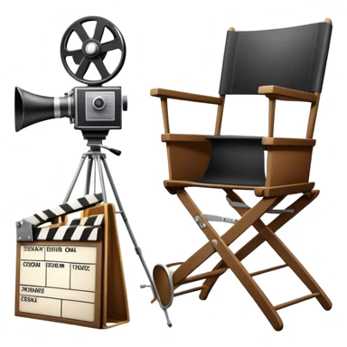 Icon for Directing: a director's chair, a film clapperboard, large movie camera, vintage megaphone and a stage with a spotlight. The icon should represent the creative and organizational aspects of directing, with focus on storytelling, staging, and performance. Transparent background. sticker