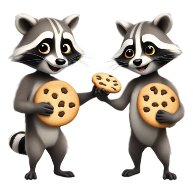 Two raccoons, one has a cookie and the other one does not have a cookie sticker