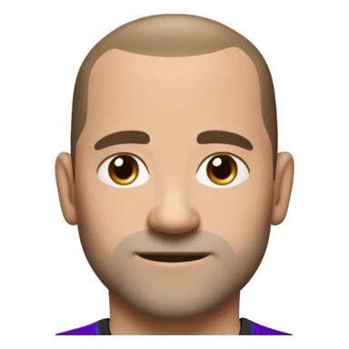 45-year-old man with a slightly round face, very short, almost shaved hair with a small central crest and a slightly receding hairline. He has blue eyes, subtle stubble, and wears a black and purple soccer jersey. sticker