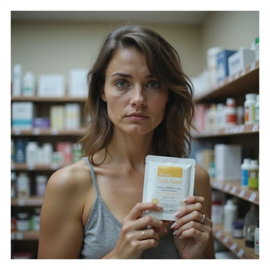 hyperrealistic 4K image of a woman with PCOS in a pharmacy holding a package of hair supplements, face with acne, very thinning hair, hopeful but worried look sticker