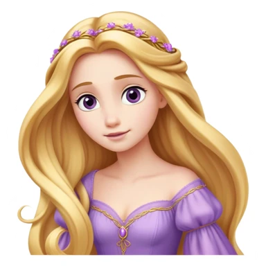 Cinematic Elegant Rapunzel Portrait Emoji, rendered in a realistic, vector-style with minimal shading and bold, simplified shapes. Depict Rapunzel (chest and above) with fair, porcelain skin, long, flowing golden hair cascading gracefully, and soft, gentle eyes, wearing her iconic light purple gown. The image glows with a soft, enchanting radiance and high shine, capturing timeless fairy-tale beauty. sticker