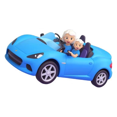 Make the entire image 30% more realistic, including the mother with white hair and the blue sports car, keep fast and furious vibe, dynamic motion effects, sporty 3D emoji style, no background. sticker