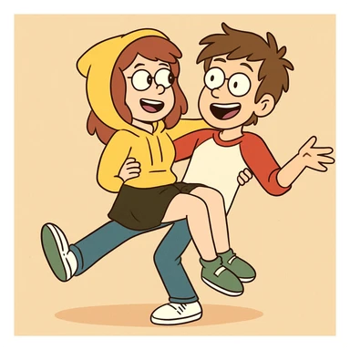 A man Raglan sleeves with Red t-shirts blue jeans white shoes carried by a cute a girl yellow hoodie black skirt green shoe  sticker