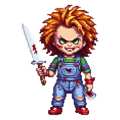 Chucky with wild hair, evil grin, holding a bloody knife sticker