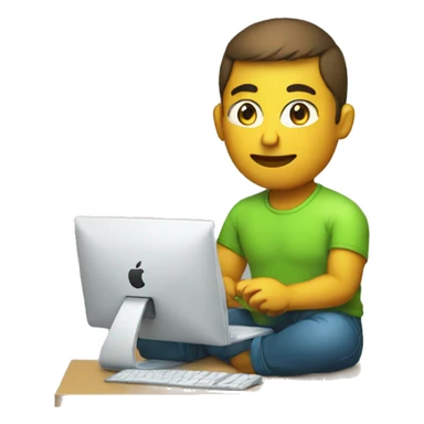 web developer in light green t-shirt sitting on apple computer sticker