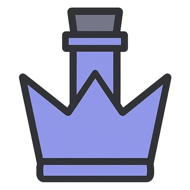 minimalistinis eliksyro buteliukas, karūnos forma, spalva #7986cb, švarios linijos, paprastas elegantiškas dizainas, labai mažas kaklelis, vientisas dugnas, buteliukas aiškiai plūduriuoja ore, be pagrindo ar šešėlio, modernus, kolekcijai tinkamas sticker