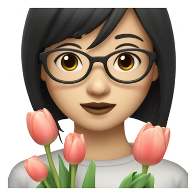 asian pale skin girl with long black shaking hair and bangs and glasses holding tulips sticker