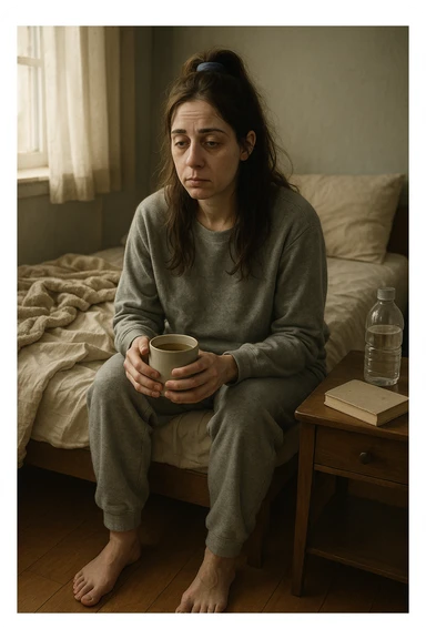 A realistic, cinematic illustration of a woman in her early 30s with a tired, pale appearance, sitting on the edge of her bed in a softly lit bedroom during the morning, looking exhausted and drained. Her posture is slightly slouched, and dark circles are visible under her eyes. She wears comfortable loungewear, holding a warm cup of herbal tea in her hands, seeking comfort. The scene includes a cozy yet slightly messy room with a blanket, a water bottle, and a book on the nightstand, emphasizing chronic fatigue. Soft natural light comes through the window, highlighting her expression of persistent tiredness despite rest, capturing the invisible struggle of chronic fatigue syndrome while maintaining dignity and a gentle aesthetic. sticker