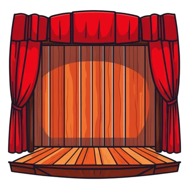 dramatic theater stage with red curtains drawn to sides, wooden planks, and bright spotlight in middle sticker