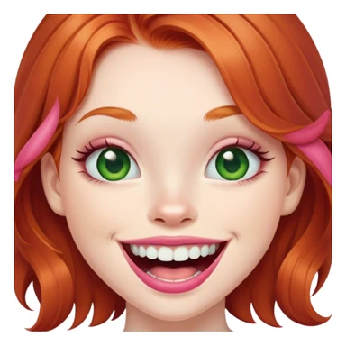 Young girl with pale skin, full pink lips smiling with big teeth, ginger red hair (not pink), big brown eyes with a hint of green, big mouth sticker
