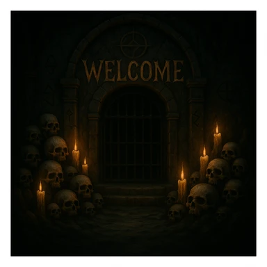 Add the word 'Welcome' in creepy, horror-themed text, integrated into the ancient crypt banner. The text should look ancient and eerie, blending with the crypt's dark and mysterious atmosphere. sticker