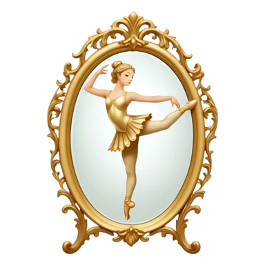 Cinematic Realistic Mirror, a large, ornate mirror reflecting a dancer’s poised silhouette, soft golden light creating depth, slight smudges on the glass adding realism, glowing with a timeless and artistic presence. sticker