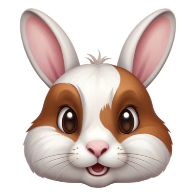 Cinematic Comical White and Brown Rabbit Portrait Emoji, Head tilted dramatically with an exaggeratedly amused expression, featuring a striking fur with a playful mix of white and brown patches, wide, expressive eyes filled with playful disbelief, Simplified yet hilariously expressive features, highly detailed, glowing with a slightly sassy glow, high shine, dramatic yet playful, stylized with an air of cheeky mischief, bright and endearing, soft glowing outline, capturing the essence of a spirited and over-the-top bunny, so meme-worthy it feels like it could side-eye its way into internet fame instantly! sticker