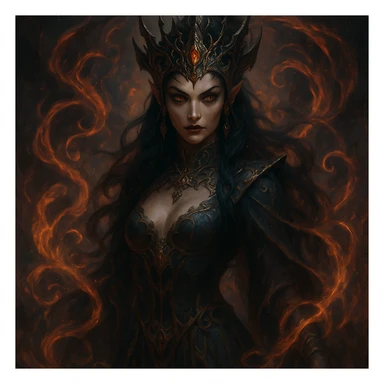 a beautiful but evil jinn queen, surrounded by swirling magic, sharp features, elaborate headdress, fantasy style sticker