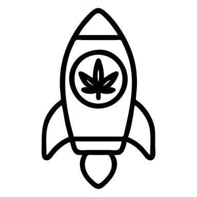 A rocket icon with a cannabis leaf symbol, simple and clean, outlined, vector style. sticker