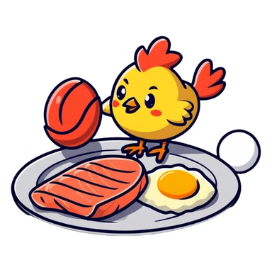 Cute sticker of a floating plate with a large chicken breast as the main focus, a red meat steak, smaller salmon fillet, and tiny egg, orbiting a DNA symbol, with energy flowing to a strong muscular cartoon figure sticker