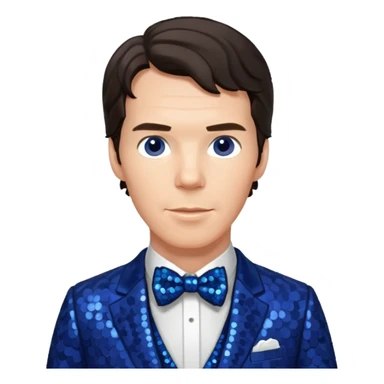 Benedict Cumberbatch with dark brown hair, indigo sequin suit with bow tie sticker
