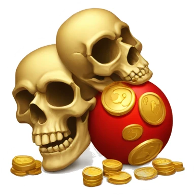 three skulls, red ball, gold coins, old board sticker
