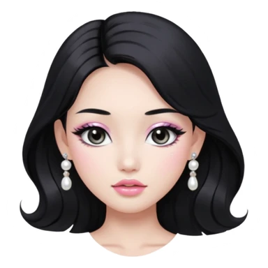 asian long voluminous black hair silver grey eyes glossy lips glittery white and light pink eyeshadow girl pearl earrings sticker