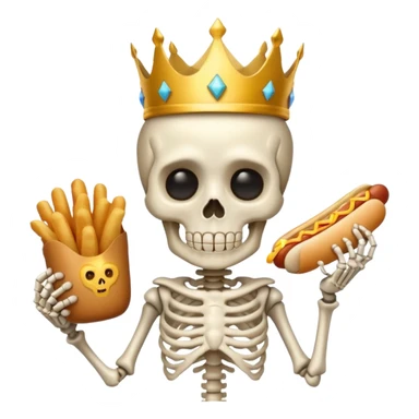 A cute skeleton wearing crown and holding hot dog sticker