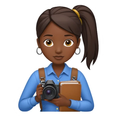 journalist dark skin woman ponytail holding camera and notebook sticker