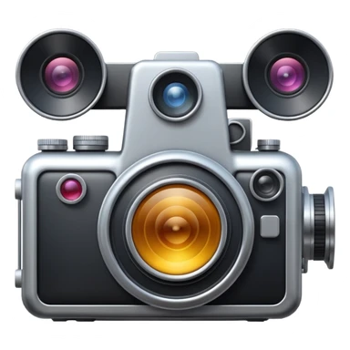 Minimal emoji icon of a huge cinematic metalic camera, front view, simple shapes, realistic lens,  sticker