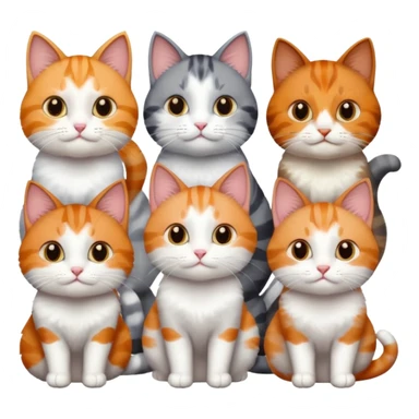 6 cats with different coloured coats, 2 are grey and white, 1 is grey with a little white, 1 calico, 1 brown tabby and white and one ginger and white sticker