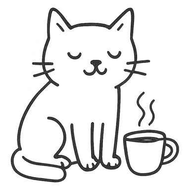 hand drawn cat sitting with a steaming cup of coffee sticker