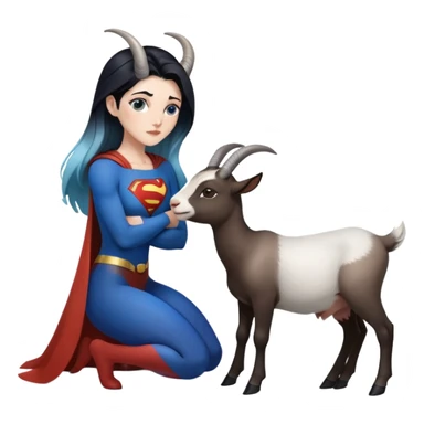 Art of a human white woman's gorgeous body scheme anatomy-very long and straight black to blue hair ombre with tiny goat antlers-leaning back-on knees-superman standing on her right-looking at each other sticker