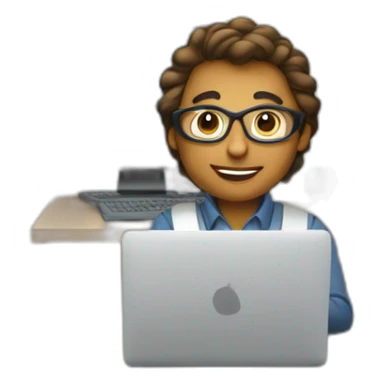 computer engineer, with a laptop in front, on a desk, and a well-lit environment sticker