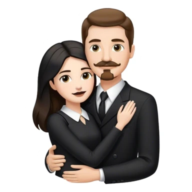 tall white man with brown hair goatee mustache hugging a pale woman with long black hair, wearing black and white formal clothing sticker