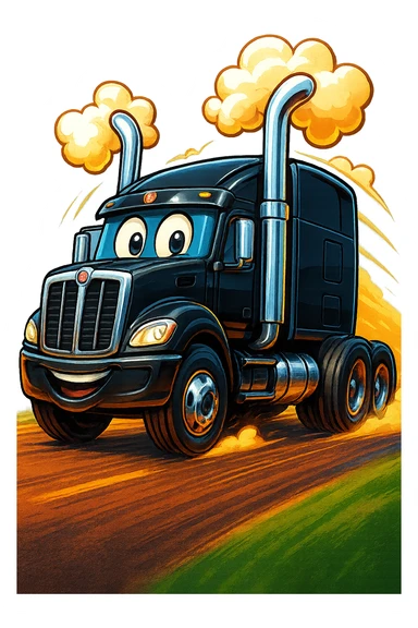 Make the black Kenworth W680 cartoon truck with playful smoke and chrome stacks look like it's racing down the road, with visible road, strong motion effects, and a dynamic, cheerful style. Transparent background. sticker