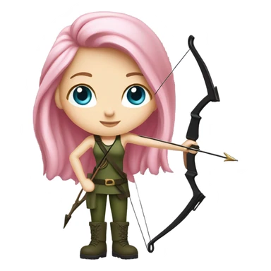 girl holding bow and arrow, long pink hair, blue eyes, white skin, army green cargo pants, black tank top, black combat boots, elf ears sticker
