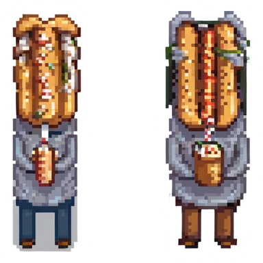 two men eating a hot dog face to face, pixel art style sticker