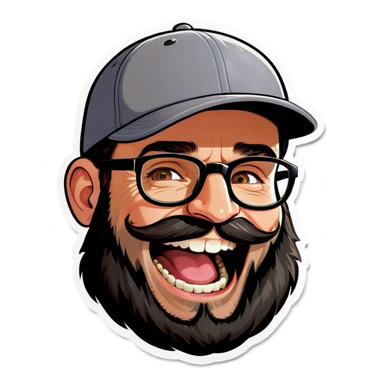 A man with a grey baseball cap, hazel eyes, big dark brown beard and glasses, laughing sticker