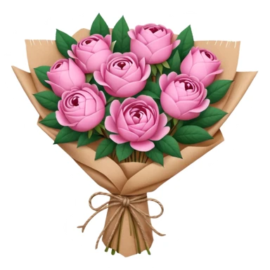Bouquet of pink flower like rose and peony wrapped in kraft paper sticker