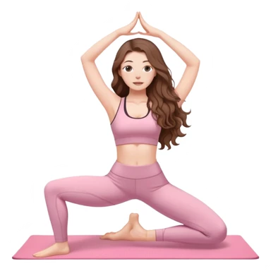 A white girl with long brown wavy hair and pale pink clothes does yoga sticker