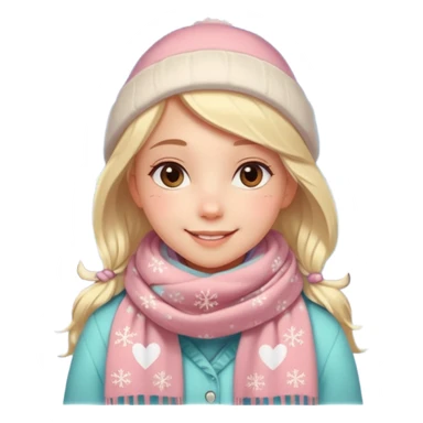 A cute, warm Christmas emoji-style illustration for a romantic A cozy winter atmosphere, soft pastel colors, gentle lighting. A sweet smiling girl with a warm scarf, glowing Christmas lights, snowflakes, and a small heart symbol. clean lines, closeness, and affection.
 sticker