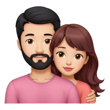 handsome asian man with black hair and beard, hugging cute woman with light tan skin and long wavy reddish brown hair, bangs, pink top, coral lipstick sticker