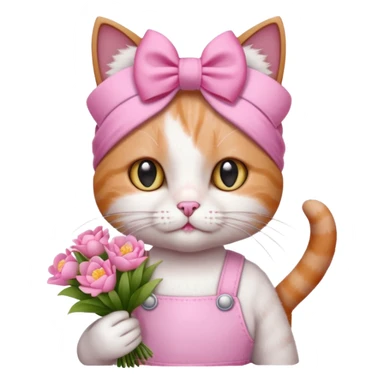 گربه‌ای که دستش یه دسته گل صورتی سفید باشه رو سرش پاپیون باشه و لباس صورتی سفید تنش باشه حالت بیلر داشته باشه و یه کادر کوچیک که نشونه فکر بالا سرش باشه sticker