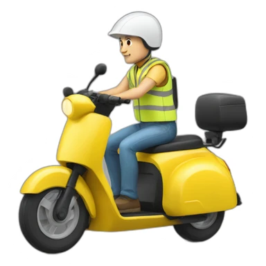 a bald man with a yellow safety vest and a yellow bicycle helmet on a xiomi scooter sticker