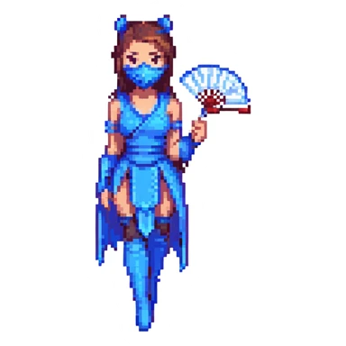 Kitana from Mortal Kombat 3, female character in blue with mask and fans, pixel art style sticker