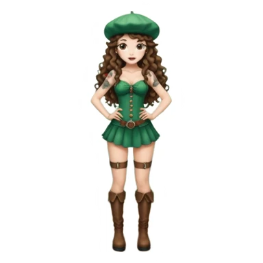 full body woman long curly brown hair brown eyes white skin tattoos wearing mushroom cap hat and thigh high boots, hands on hips, sexy forest sprite sticker