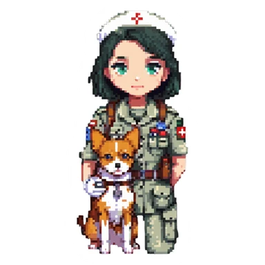 military girl, a medic with a small dog sticker