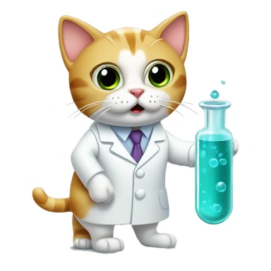 Cat in lab coating with shocked expression holding a vial sticker